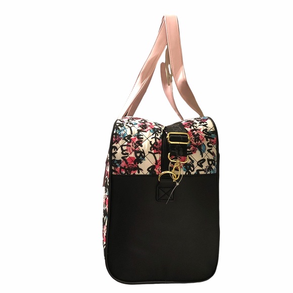 💋 Quilted Weekender Bag, Soft Pink Straps Luv Betsey - Black Floral Krush - Picture 7 of 11